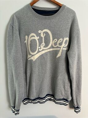 10.Deep Gray Crewneck Sweatshirt with Cream Logo and Navy Trim